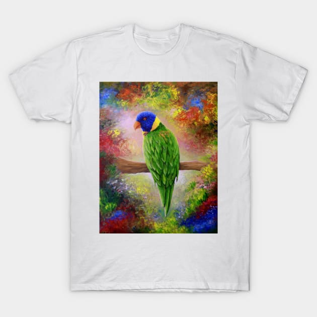 Bird 76 Green Parrot T-Shirt by artbylucie